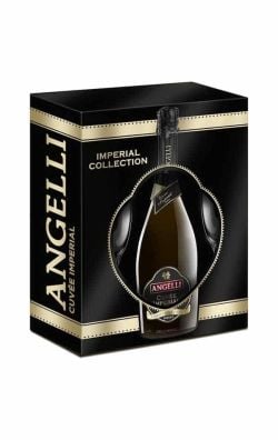 ANGELLI Cuvée Imperial – Imperial Collection (Cutie Cadou) ANGELLI Cuvée Imperial – cutie cadou Imperial Collection cu sticlă de spumant, Set cadou ANGELLI Cuvée Imperial – ambalaj negru-auriu cu fereastră ovală, Sticlă ANGELLI Cuvée Imperial vizibilă în cutia „Imperial Collection”