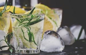 Sticle de gin pe raft, ilustrând creșterea explozivă a consumului de gin