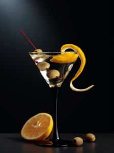 Cocktail Dry Martini clasic cu gin și vermut, garnisit cu măslină