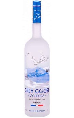 Grey Goose Vodka 1L – Franța Grey Goose Vodka 1L – sticlă mată cu siluete de gâște, Grey Goose 1L vodka franțuzească – capișon albastru, Grey Goose Vodka – 1L „Distilled and Bottled in France”